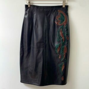 Vintage EREZ leather high waisted pencil skirt, embroidery, made in USA, size S